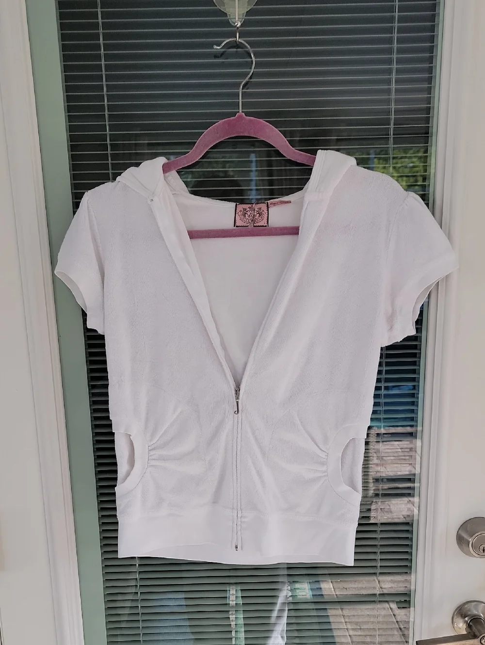 Juicy Couture White Short-Sleeve Terry Cloth Zip Hoodie Vintage 90's Sz L - Picture 1 of 9